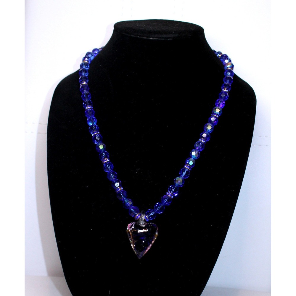handcrafted beaded heart pendant necklace 23" blue glass statement